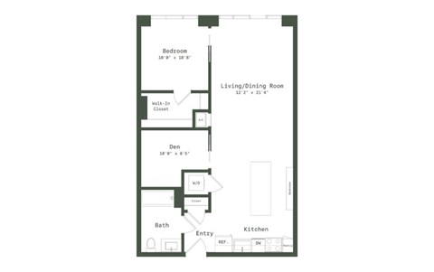 Floor plan for 1 bed, 1 bath, 855 sqft
